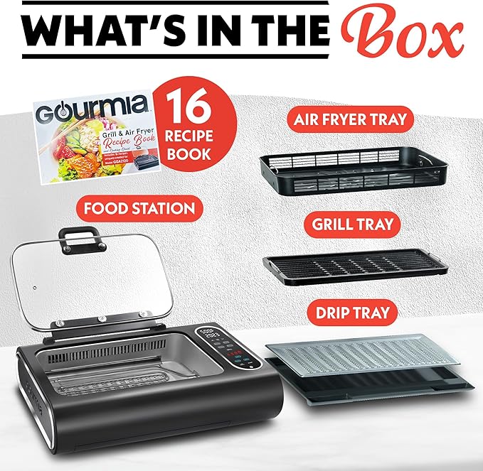 Gourmia Smokeless Indoor Grill & Air Fryer with Recipe Book – Electric Grill for Indoor Use, 5‑in‑1 Countertop Cooker, Cast-Iron Grate, 1650W, Glass Lid, Dishwasher-Safe Plates