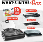 Gourmia Smokeless Indoor Grill & Air Fryer with Recipe Book – Electric Grill for Indoor Use, 5‑in‑1 Countertop Cooker, Cast-Iron Grate, 1650W, Glass Lid, Dishwasher-Safe Plates