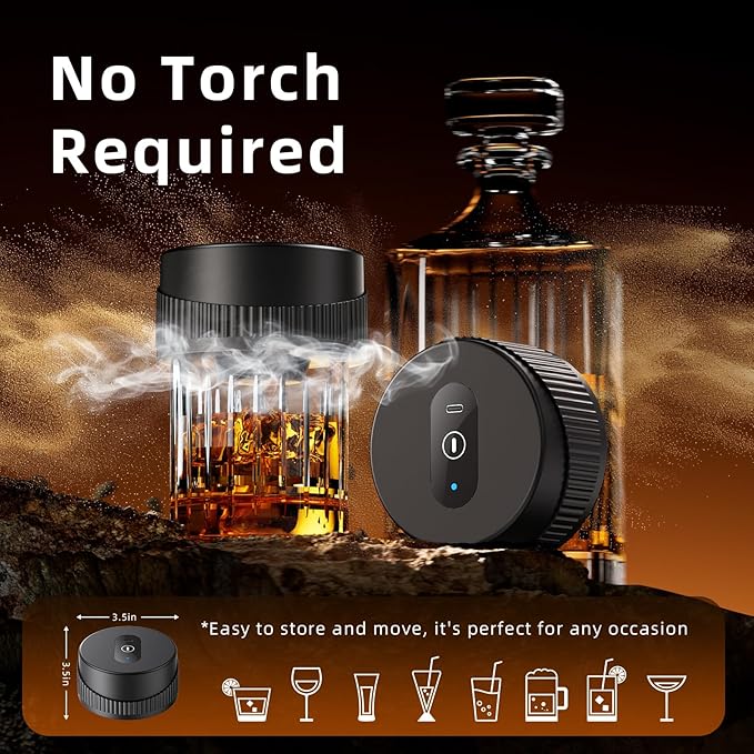 Electric Whiskey Smoker Kit with 6 Flavors Wood Chips, Built-In Lighter Ignites, No Butane Required, Rechargeable Cocktail Drink Smoker Kit, Birthday Bourbon Gifts, Father's Day Gifts for Men-Black