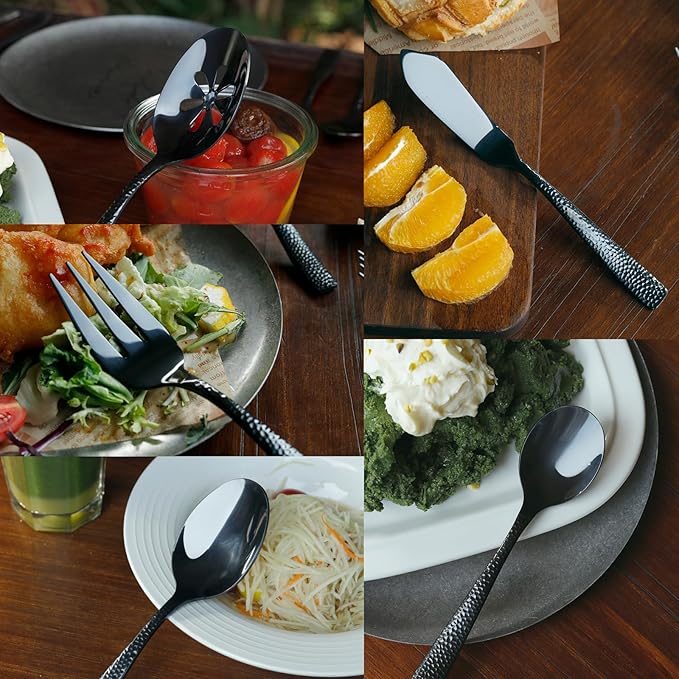 Silverware 65-Piece Black Hammered Flatware Set with Serving Utensils Stainless Steel Thick Handle Mirror Polished Cutlery Set for Wedding Hotel Restaurant, Service for 12