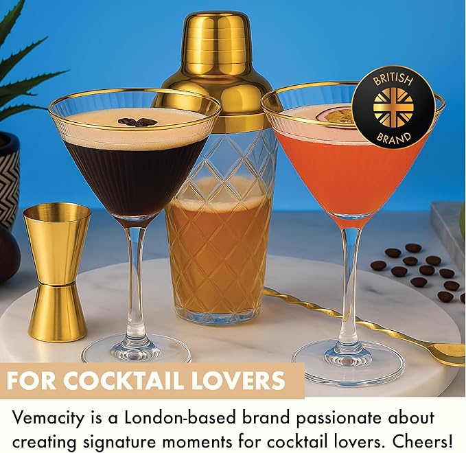 VEMACITY - Luxury Cocktail Shaker Set - Gold Glass Cocktail Shaker with Built-In Strainer, 2 Ribbed Espresso Martini Glasses with Gold Rims, Bar Spoon & Jigger - Gift Sets, Wedding Gift