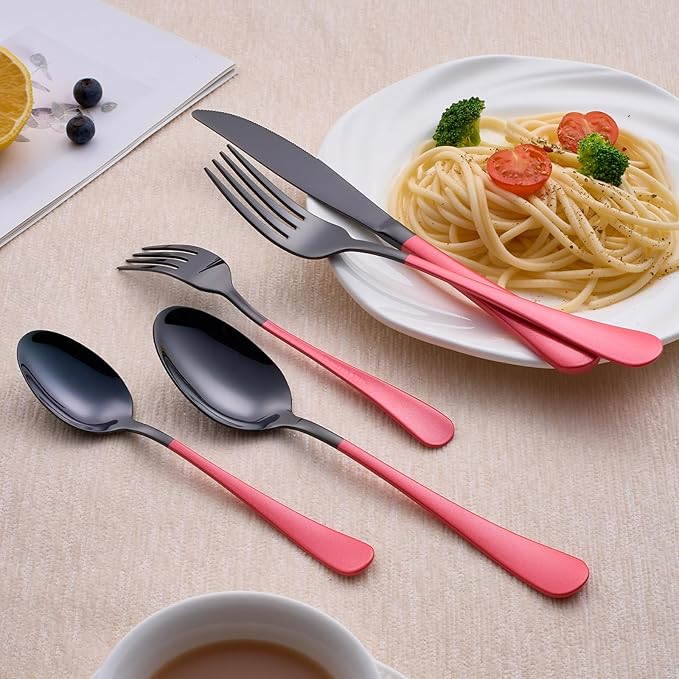 20-Piece Black Silverware Set 18/0 Stainless Steel Silverware Set Pink Handle Cutlery Set Service for 4 Dinner Knives Forks Spoons Set Flatware Set Finish Dishwasher Safe（Black and Pink）
