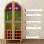 71" Wine Bar Cabinet, Arched Storage Cabinets with Door, Whiskey Station with Wine Rack and Glass Holder, Liquor Bar Cabinet for Home Kitchen Living Dining Room (Oak)