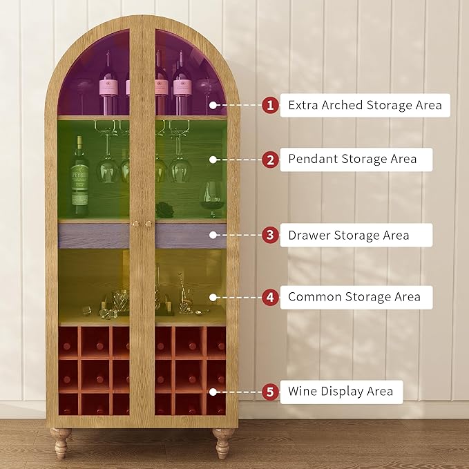 71" Wine Bar Cabinet, Arched Storage Cabinets with Door, Whiskey Station with Wine Rack and Glass Holder, Liquor Bar Cabinet for Home Kitchen Living Dining Room (Oak)