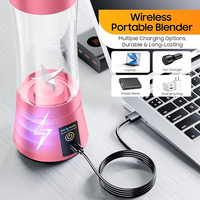 Portable Blender for Smoothies & Shakes - Personal Blender with 12Oz Traveling Cup, BAP Free, 6 Stainless Steel Blades, Freshly Squeezed for Office/Picnic/Sports