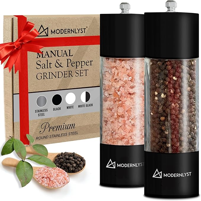 Manual Salt and Pepper Grinder Set of 2 | Large Round Salt and Pepper Shakers Set | 7.5 inch Stainless Steel Salt Grinder Refillable | Pepper Grinder Manual (Black)