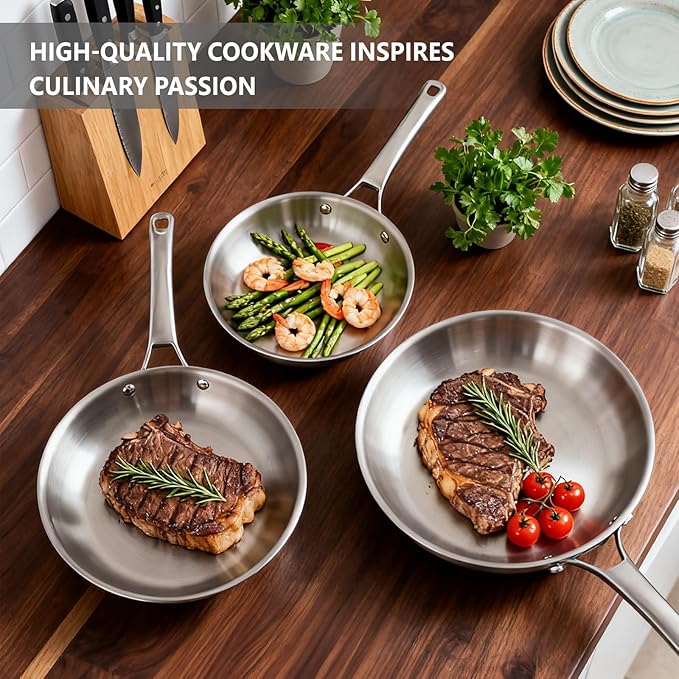 Bonnlo 3 Pieces Cookware Set, 3-Ply Stainless Steel Skillets Set, Non-Toxic Kitchen Set, Oven & Dishwasher Safe, Induction Cooking Set, PFOA & PTFE Free, Compatible for All Cooktops