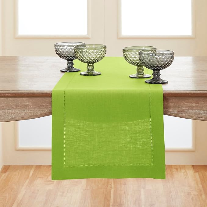 Solino Home Linen Table Runner 120 Inches Long - 100% Pure Linen Lime Green Table Runner 14 x 120 Inch for Summer - Classic Hemstitch