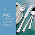 Mikasa Harmony 65-Piece Flatware Set for 12, 18/10 Stainless Steel Silverware with Forks, Knives, Spoons, and Serving Utensils, Elegant Design