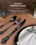 48 Pieces Black Silverware Set for 8, Retro Royal Flatware Set with Steak Knives, Gorgeous Stainless Steel Cutlery Utensil Set Include Forks Spoons and Knives, Mirror Finish,Dishwasher Safe