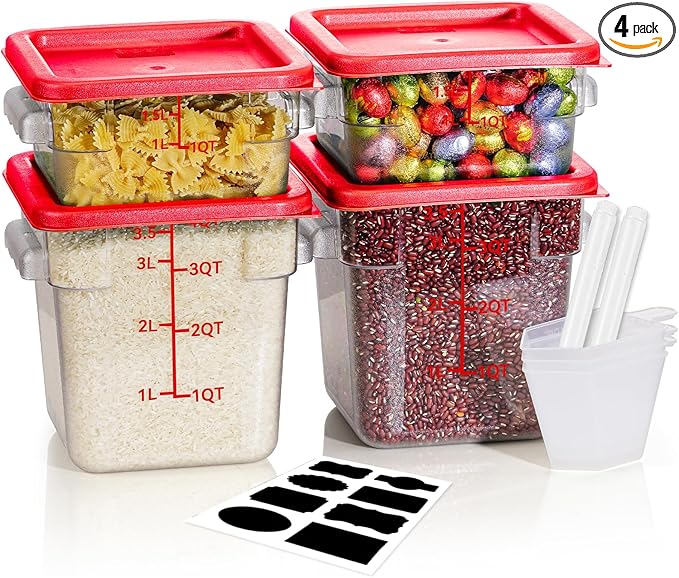 2QT&4QT NSF Food Storage Containers with Lids: 4 PCS [Total Food Grade][Hot&Cold Resistant] Commercial Clear Food Storage Containers for Restaurant Kitchen Proof Dough (Red)