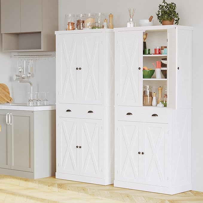 IRONCK Kitchen Pantry Storage Cabinet 72.6" H, with Barn Doors, Drawer, 4 Adjustable Shelves, Freestanding Cupboard, Laundry, White