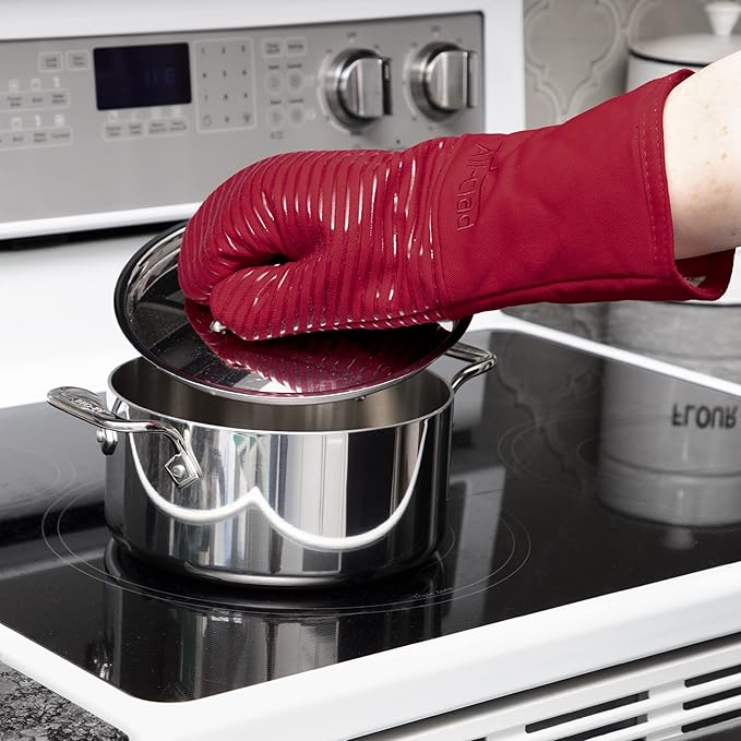 All Clad Silicone Oven Mitt: Heat Resistant up to 500 Degrees - 100% Cotton & Silicone, 14"x7" Oven Mitt for Kitchen and Barbeque, 1-Pack, Chili