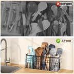 510 Ft³ Metal Extra Large Kitchen Utensil Holder with Wooden Base, 4 Compartments Organizer for Kitchen Countertop Matte Black Holder with 4 Hooks for Cooking Utensils & Tools Storage