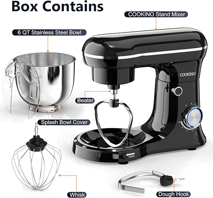 Electric Stand Mixer,10 Speeds Tilt-Head Food Mixer, 3-IN-1 Kitchen Mixer for Daily Cooks with Dishwasher-Safe 6QT Bowl,Dough Hook, Beater, Whisk (Onyx Black)