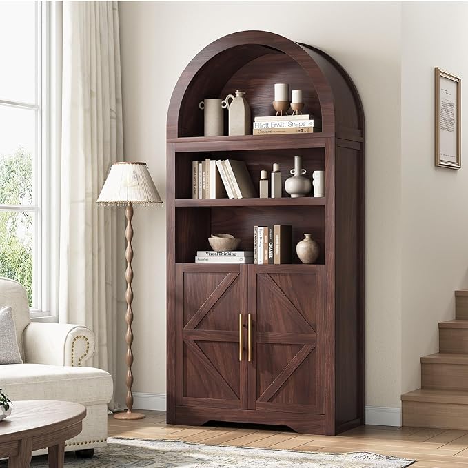 Kitchen Pantry Cabinet, Arched Bookshelf Bookcase China Pantry Storage Cabinet with Doors and Shelves,71“ Tall Food Pantry Funiture for Living Room,Dining Room (Walnut)