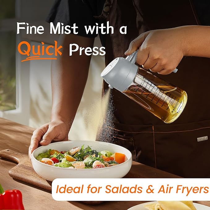 TrendPlain 16oz/470ml Glass Olive Oil Sprayer for Cooking – 2 in 1 Olive Oil Dispenser Bottle for Kitchen Gadgets and Air Fryer Accessories, Salad, BBQ - Ash