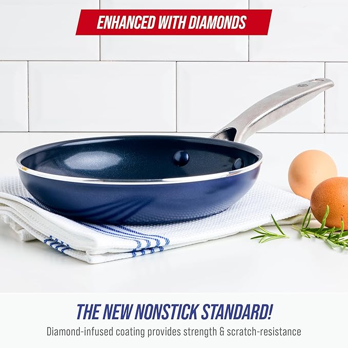 Blue Diamond 8 Inch Nonstick Frying Pan, PFAS Free Ceramic Egg and Omelette Pan, Diamond Infused Nonstick Skillet, Dishwasher & Oven Safe, Durable, Non Toxic, Metal Utensil Safe, Blue