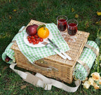 Picnic Basket for 2, Insulated Willow Picnic Baskets with Shoulder Strap, Picnic Hamper with Waterproof Picnic Blanket, Handmade Wicker Hamper for Outdoor Camping, Green Check