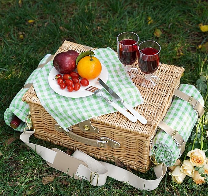 Picnic Basket for 2, Insulated Willow Picnic Baskets with Shoulder Strap, Picnic Hamper with Waterproof Picnic Blanket, Handmade Wicker Hamper for Outdoor Camping, Green Check