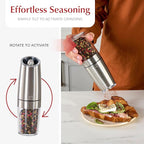 Urban Noon Gravity Salt and Pepper Grinder Set - Battery Operated Stainless Steel Mills with Light (2 Grinders) - Automatic One Handed Operation - Electric Adjustable Shakers - Ceramic Grinders