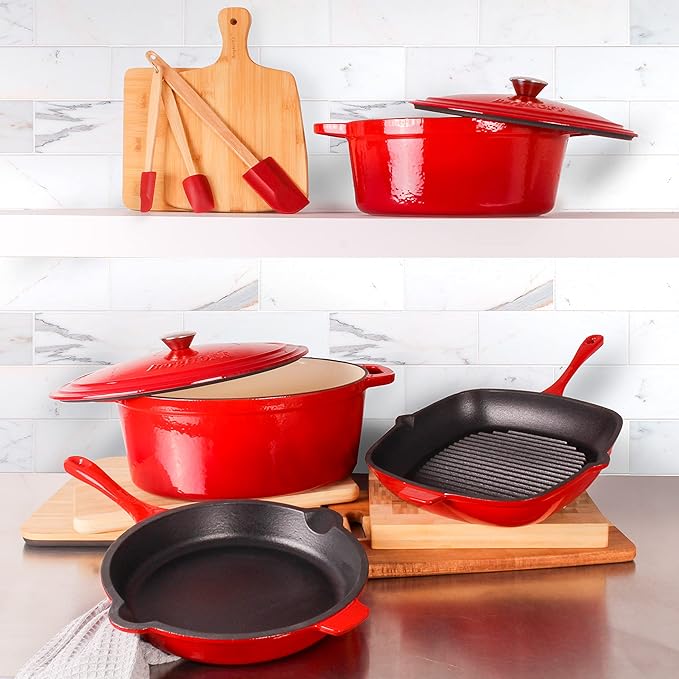 BergHOFF 9Pc Neo Cast Iron Cookware Set, Silicone Heat Spatulas, Matching Lid,Oven Safe Up To 400°F, Red