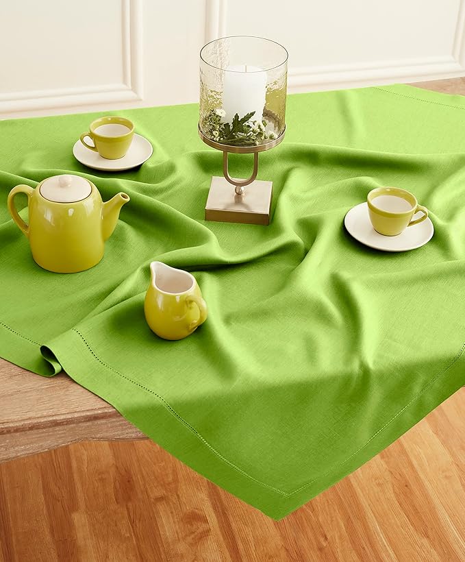 Solino Home Linen Square Tablecloth 52 x 52 Inch - 100% Pure Linen Lime Green Table Throw - Classic Hemstitch, Machine Washable Table Cloth for Summer