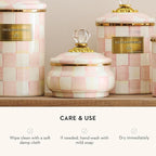 MACKENZIE-CHILDS Enamel Squashed Pot, Cute Enameled Container with Lid, 20 Ounces, Pink-and-White Rosy Check