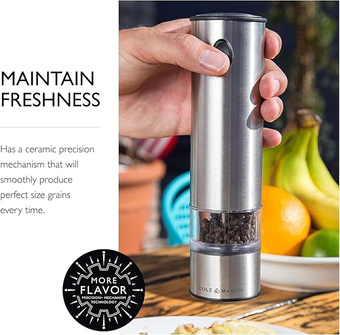 Cole & Mason Battersea Electronic Salt & Pepper Mill Gift Set - One-Button Electric Spice Grinder with Large Grinding Chamber - Adjustable Grind Knob - Electric Kitchen Tool - Stainless Steel