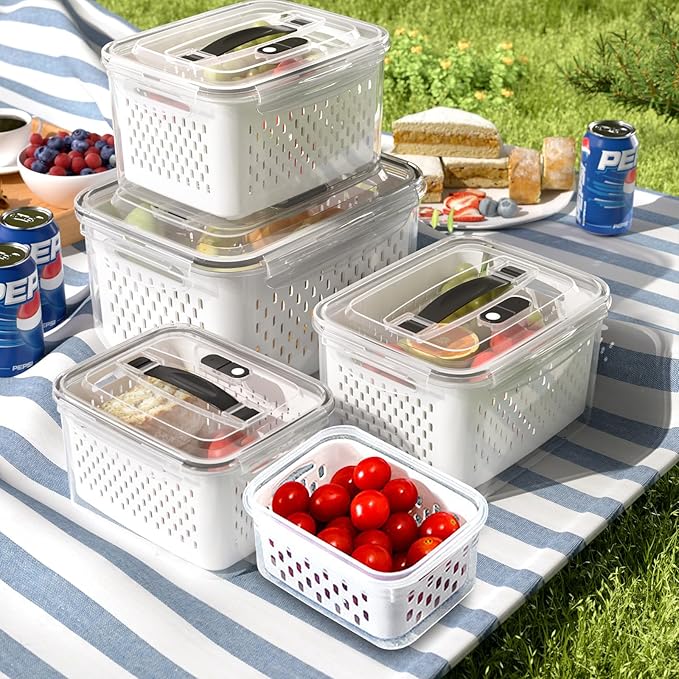 5 Pack Large Fruit Storage Containers for Fridge with vent holes and handle，Airtight Food Storage Containers Keep Fruits, Vegetables, Berry, Meat Fresh longer,BPA-free Fridge Storage Container