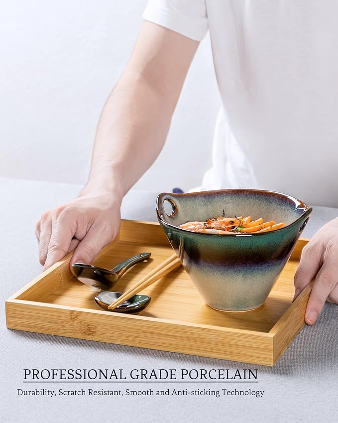 HENXFEN LEAD Japanese Ramen Noodle Bowls Set of 2 - Deep Ceramic Soup Bowls with Spoons, Chopsticks and Holder, 20 Oz Serving Dishes for Pho, Udon Noodle, Cereal - Reactive Green