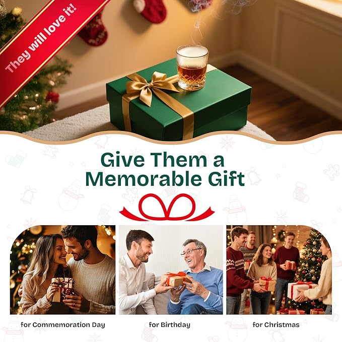 Electric Whiskey Smoker Kit with Led Lights, 4 Reusable Ice Cubes and 6 Flavors Natural Wood Chips, Old Fashioned Bourbon Smoker Kit for Home Bar, Bourbon Whiskey Gifts for Men, Dad, Husband