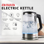 Aiwa 2 Liter Electric Water Kettle, 8.4 Cups Fast Hot Water Boiler, Glass Tea Kettle, with Blue LED Interior, Cordless Serving, Auto-Shutoff & Boil-Dry Protection, Black