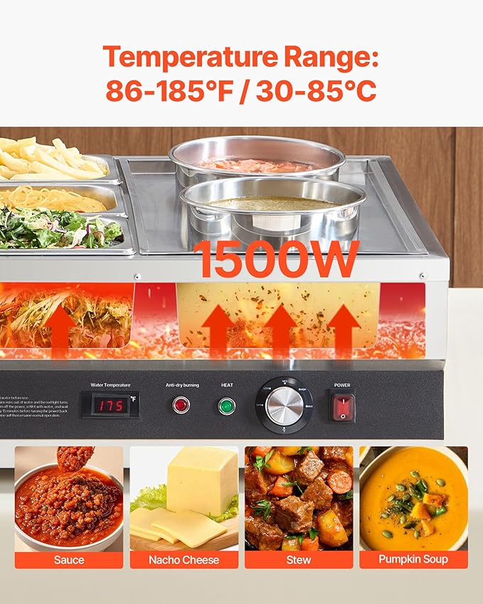 VEVOR Electric Soup Warmer, Two 6.34QT Pots & Three 1/3 Pans, Stainless Steel Commercial Food Warmer with 86~185°F Adjustable Temp, 1500W Bain Marie, Soup Station for Restaurant, Buffet