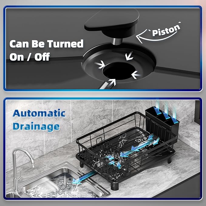 Dish Drying Rack, Space-Saving Dish Rack, Dish Racks for Kitchen Counter, Kitchen Dish Drainers with Removable Utensil Holder, Plate Rack and Drainboard, 11''W x 15''L, Black