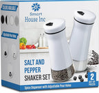 The Original Salt and Pepper Shakers set - White- Spice Dispenser with Adjustable Pour Holes - Stainless Steel & Glass - Set of 2 Bottles