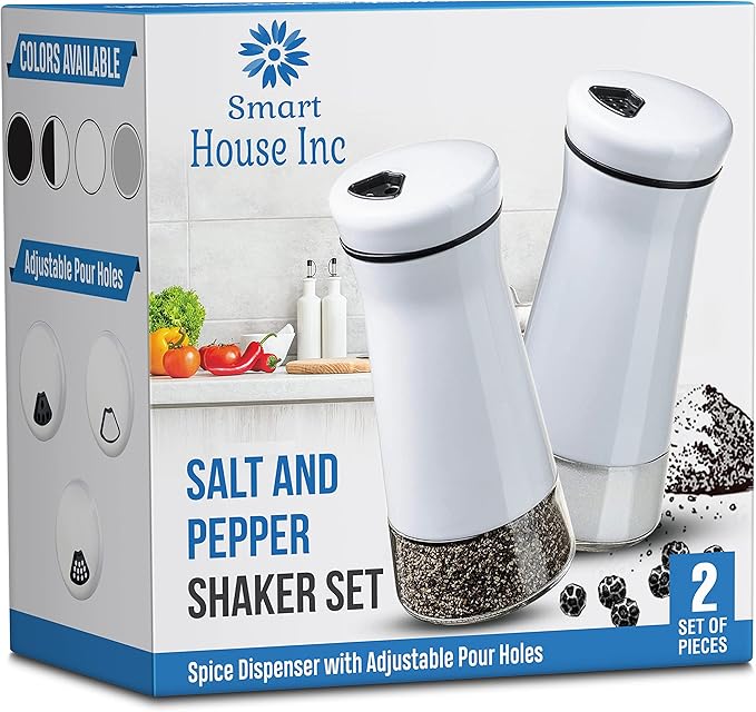 The Original Salt and Pepper Shakers set - White- Spice Dispenser with Adjustable Pour Holes - Stainless Steel & Glass - Set of 2 Bottles