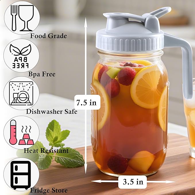 Mason Jar Pitcher With Pour Lid 32 Oz Glass Breast milk Storage Jug 1 Quart Wide Mouth Glass Tea Pitcher With Handle Creamer Container For Fridge Juice, Cold Brew Coffee,Lemonade,Beverage 2 Set