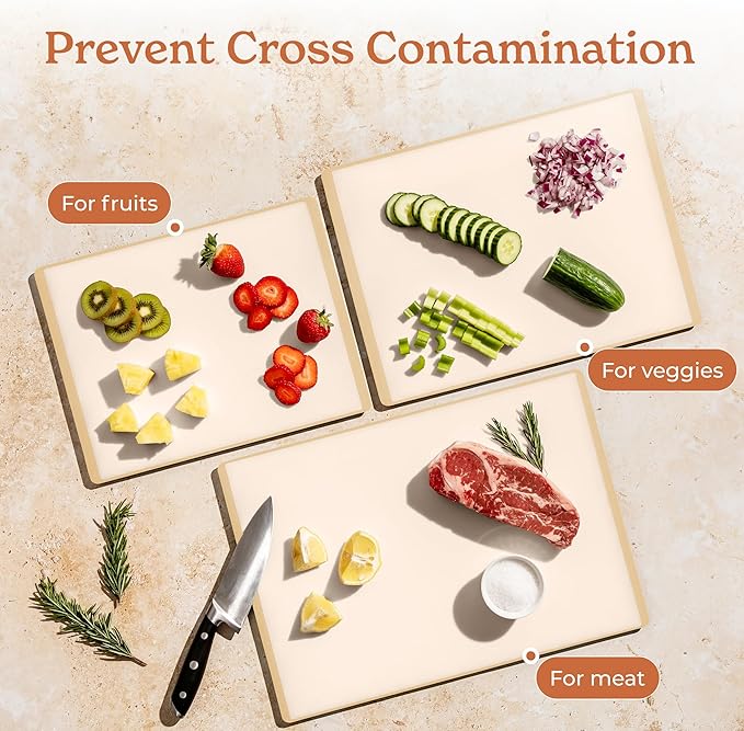 SMIRLY Plastic Cutting Board Set 3 Pieces, Non-Slip Dishwasher Safe Chopping Boards for Kitchen, Cream White