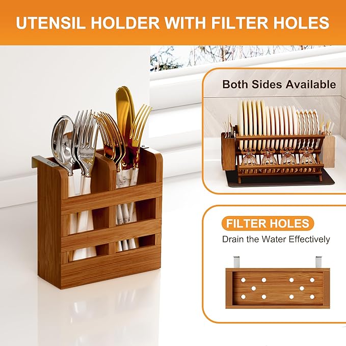 Greenual Teak Dish Drying Rack with Utensil Holder, 2 Tier Collapsible Dish Rack, Wooden Dish Racks for Kitchen Counter, Folding Drying Holder with Absorbent Dish Drying Mat