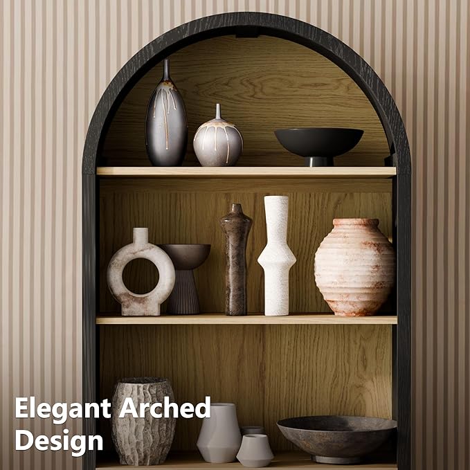 Arch Storage Cabinet with Beech-Wooden Door, 60” Cute Arched Display Cabinet, 4 Tier Farmhouse Buffet Cabinets with Storage for Dining Room, Living Room, Home Office or Kitchen (Black)