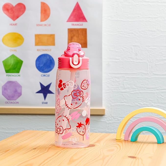 Zak Designs Sanrio Sage Water Bottle For School or Travel, 25oz Durable Plastic Water Bottle With Straw, Handle, and Leak-Proof, Pop-Up Spout Cover (Hello Kitty)