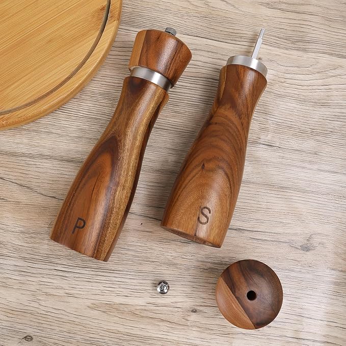 2 Pack Wood Salt and Pepper Grinder Set, Acacia Wood Salt and Pepper Grinder Mill Pepper Grinder Ceramic Stainless Steel Core-8 Inch