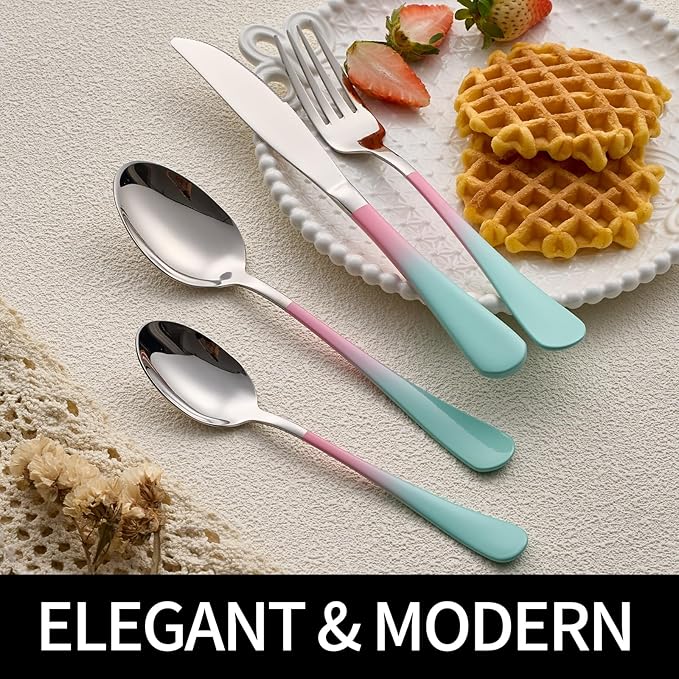 20-Pieces color Silverware Sets for 4,Pink and Green Handle Stainless Steel Cutlery Set, Include Forks Spoons and Knives Set, Dishwasher Safe Utensil Sets for Home Restaurant