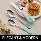 20-Pieces color Silverware Sets for 4,Pink and Green Handle Stainless Steel Cutlery Set, Include Forks Spoons and Knives Set, Dishwasher Safe Utensil Sets for Home Restaurant
