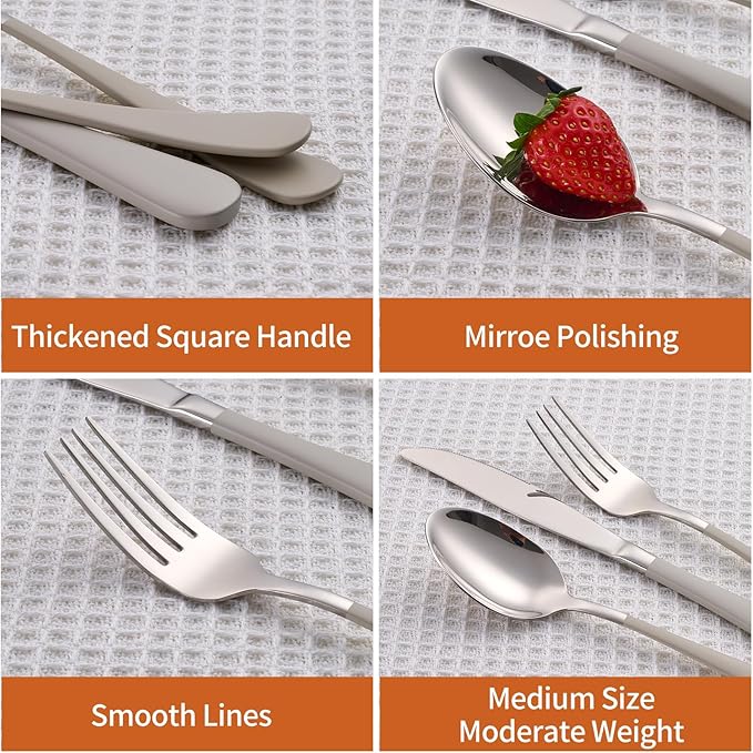 20 Piece Cream Grey 18/0 Flatware Utensil Set for 4, Include Dinner Knife,Dinner Forks,Dinner Spoons,Salad Forks,Teaspoons,Silverware Set for 4, Dishwasher Safe