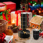 Lareina Porcelain 3-Ounce Espresso Cups Set of 6, Small Stackable Coffee Cups with Saucers, Spoons and Metal Stand - Ceramic Demitasse Mugs, Double Shots Expresso Cup, Matte Black