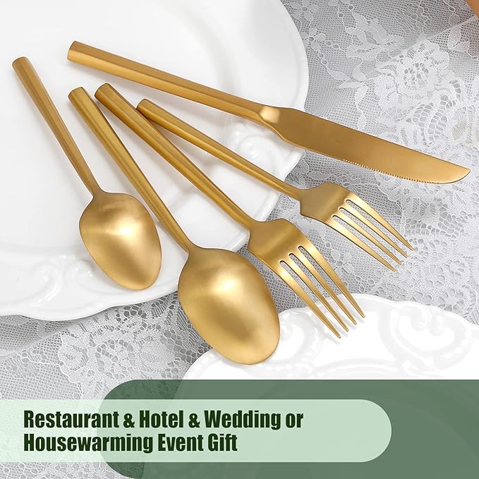 DEACORY Silverware Set Flatware Set Matte Gold Cutlery Set Heavy Hexagon Handle Stainless Steel 60 Pieces Dishwasher Safe Service for 12