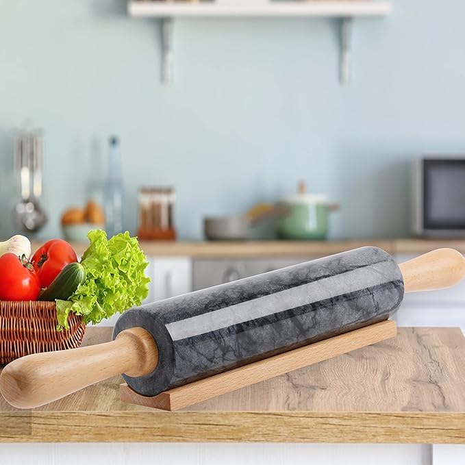 Marble Rolling Pin with Wooden Cradle Thick Handle Set for Baking,18.5 inch Premium Quality Polished Roller for Pizza Dough,Fondant,Pie Crust,Non-Stick Surface Easy to Clean(Black)
