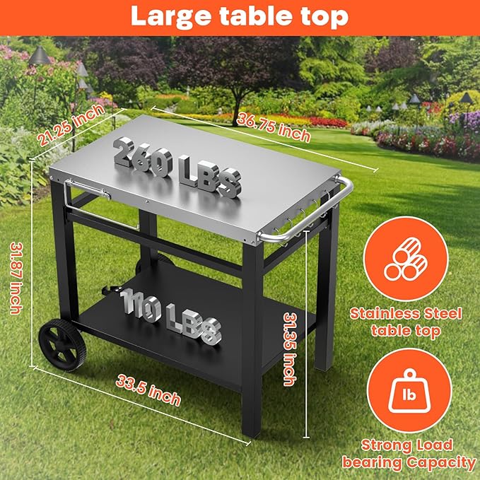 Outdoor Grill Table Cart, Movable Dining Cart, Pizza Oven Table Stand with Wheels Double-Shelf Movable Food Prep and Work Table, Fits for Ninja Ooni Blackstone Weber Q, 33.5"×21" Stainless Steel